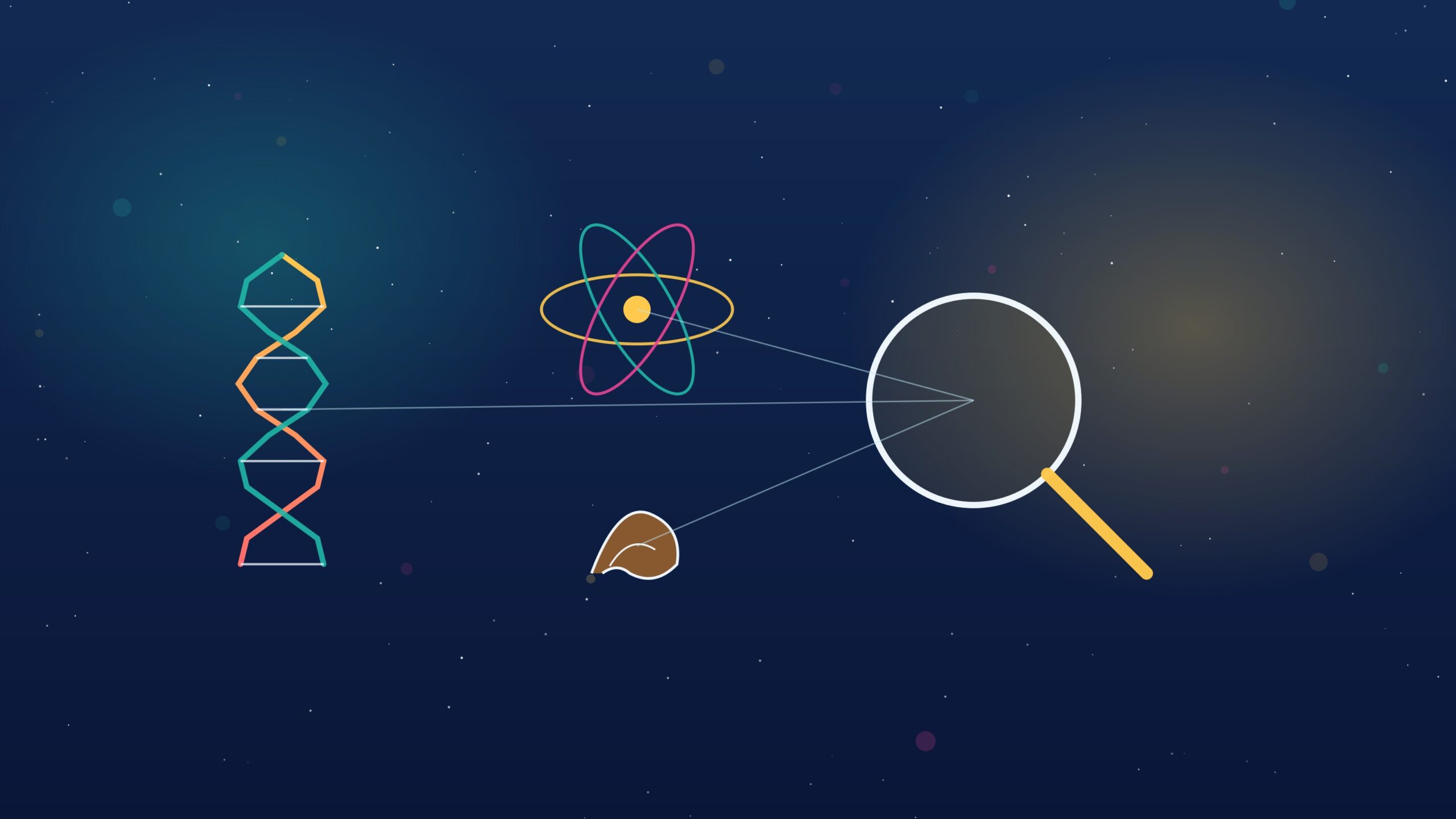 DNA helix beside an atom and a magnifying glass, symbolizing the scientific investigation of intelligent design